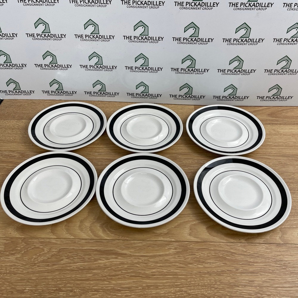 Mikasa Mediterrania Tuxedo 4048-BK Saucer Set of 6 White Black Japan MCM 6.5"